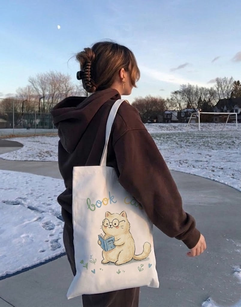 Hand Drawn Tote Bag Book Cat, Cute Reading Kitten Canvas Bag, Bookish Gift, Artisan Bookworm Tote, Unique Librarian Gift, Cat Bag