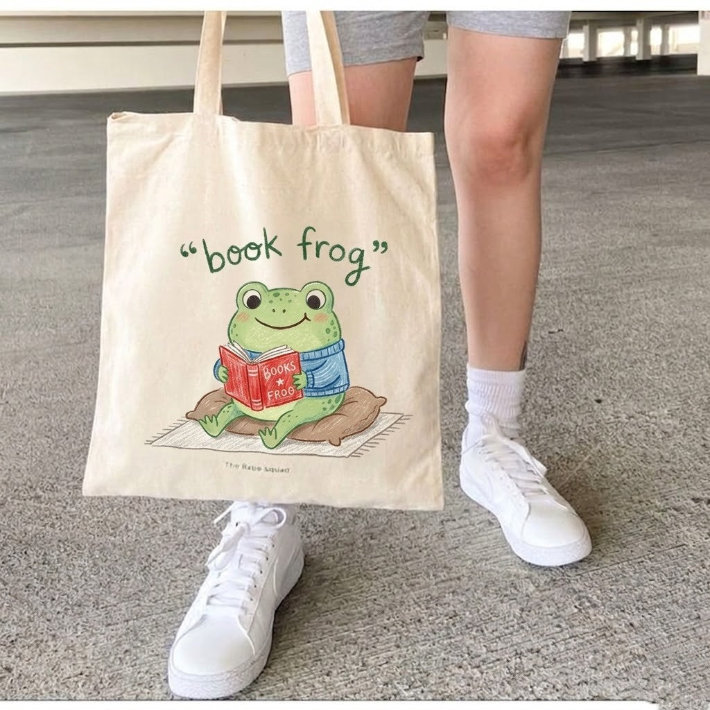 100% Freehand Painted Book Frog Tote Bag | Cozy Reading Frog Gift for Bookworms