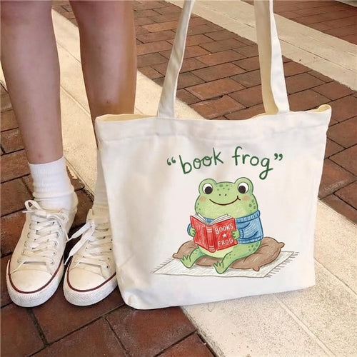 100% Freehand Painted Book Frog Tote Bag | Cozy Reading Frog Gift for Bookworms