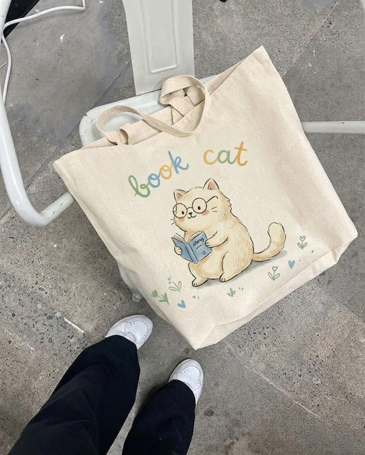 Hand Drawn Tote Bag Book Cat, Cute Reading Kitten Canvas Bag, Bookish Gift, Artisan Bookworm Tote, Unique Librarian Gift, Cat Bag