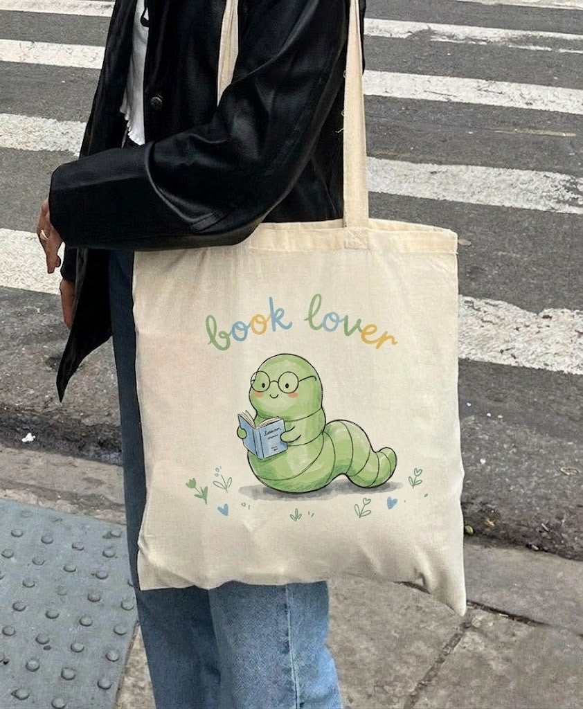 Hand Drawn Tote Bag Bookworm, Cute Book Lover Canvas Bag, No Stencil Hand Drawn Bookish Gift, Reading Worm Tote, Unique Librarian Gift