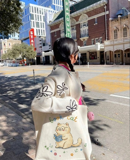 Hand Drawn Tote Bag Book Cat, Cute Reading Kitten Canvas Bag, Bookish Gift, Artisan Bookworm Tote, Unique Librarian Gift, Cat Bag