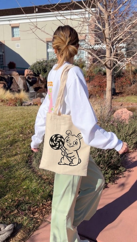 Hand Drawn Tote Bag Weird Rabbit, Kawaii Folk Art Gothic Bunny Canvas Bag, Creepy Cute Gift, Funny Lollipop Bunny, Unique Rabbit Lover Gift