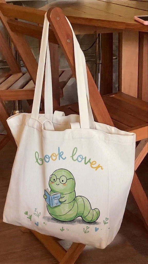 Hand Drawn Tote Bag Bookworm, Cute Book Lover Canvas Bag, No Stencil Hand Drawn Bookish Gift, Reading Worm Tote, Unique Librarian Gift