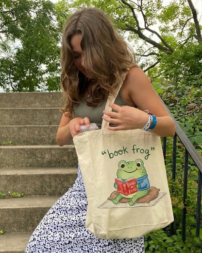 100% Freehand Painted Book Frog Tote Bag | Cozy Reading Frog Gift for Bookworms