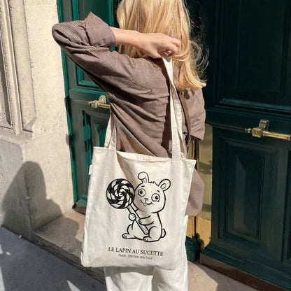 Hand Drawn Tote Bag Weird Rabbit, Kawaii Folk Art Gothic Bunny Canvas Bag, Creepy Cute Gift, Funny Lollipop Bunny, Unique Rabbit Lover Gift