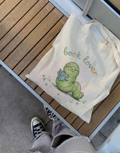 Hand Drawn Tote Bag Bookworm, Cute Book Lover Canvas Bag, No Stencil Hand Drawn Bookish Gift, Reading Worm Tote, Unique Librarian Gift