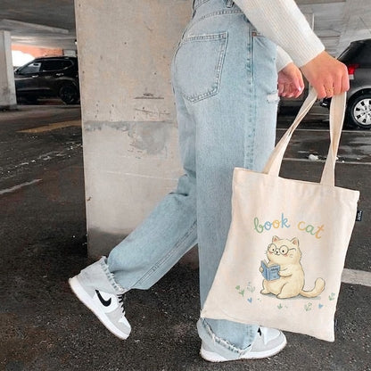 Hand Drawn Tote Bag Book Cat, Cute Reading Kitten Canvas Bag, Bookish Gift, Artisan Bookworm Tote, Unique Librarian Gift, Cat Bag