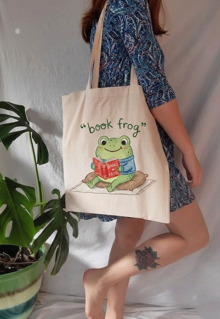 100% Freehand Painted Book Frog Tote Bag | Cozy Reading Frog Gift for Bookworms