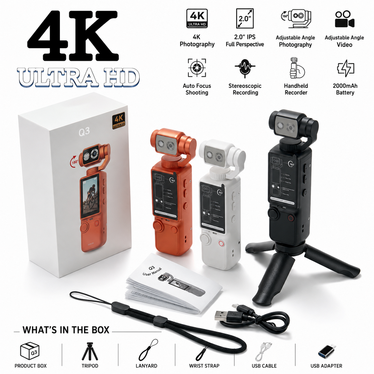 Q7 Pocket 4K Gimbal Camera with 180° Rotating Lens, Auto Focus & EIS