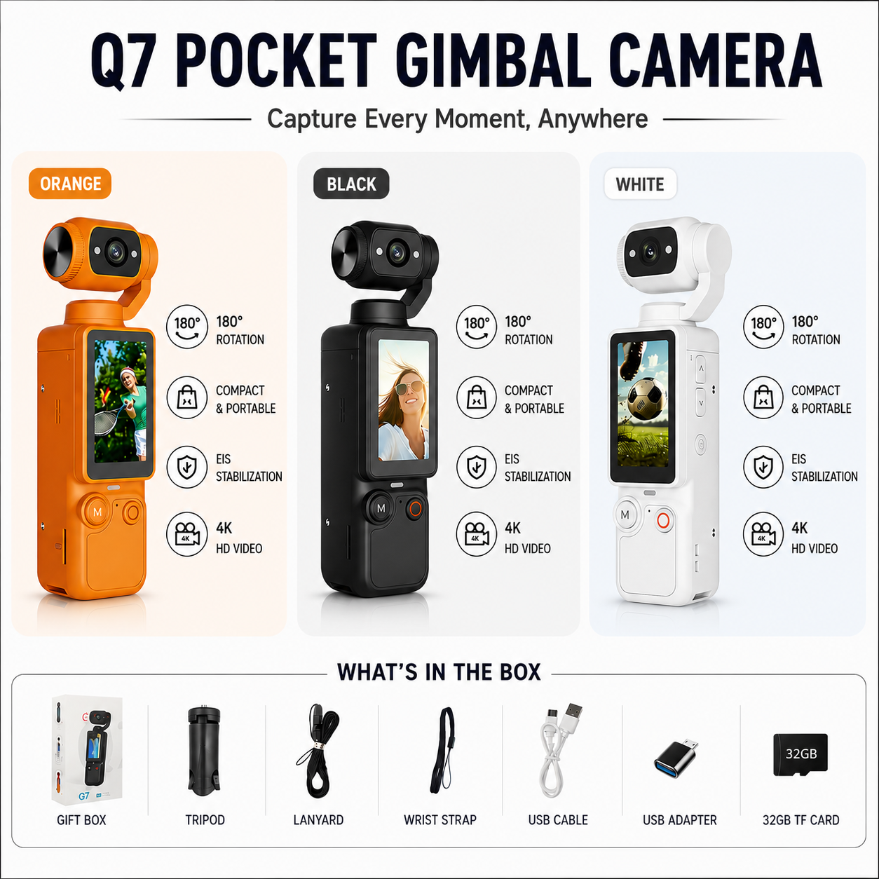 Q7 Pocket 4K Gimbal Camera with 180° Rotating Lens, Auto Focus & EIS