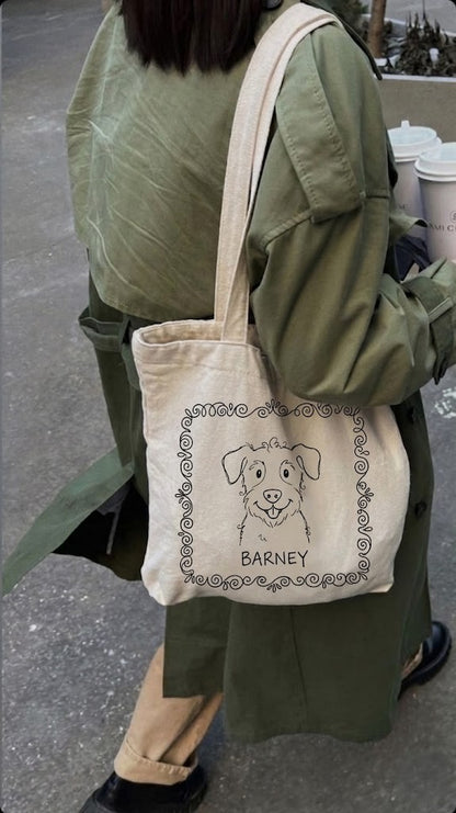 Hand Drawn Tote Bag Pet Portrait, Custom Dog Illustration Canvas Bag, Personalized Pet Memorial Gift, Artisan Dog Lover Tote