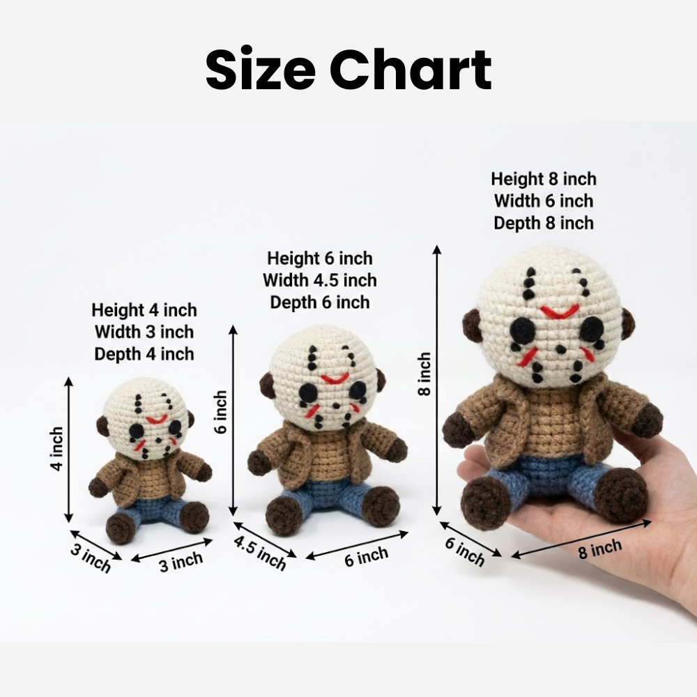 Size chart showing measurements of small stuffed toys with a hand holding one toy for scale.