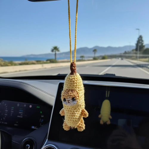 WoolyArtis™ - Handmade Crochet Crying Banana Cat Car Mirror Hanging Charm - WoolyArtis