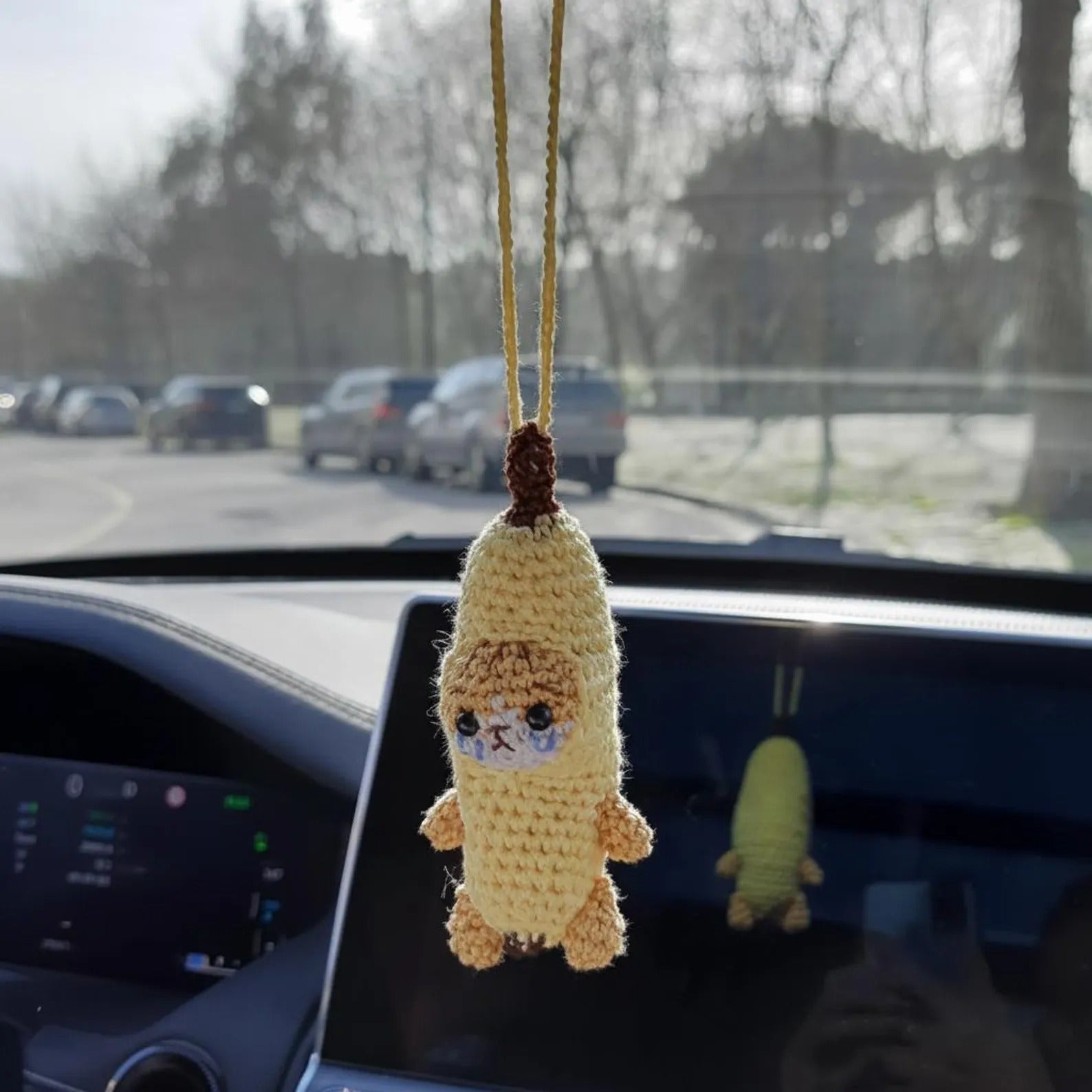 WoolyArtis™ - Handmade Crochet Crying Banana Cat Car Mirror Hanging Charm - WoolyArtis