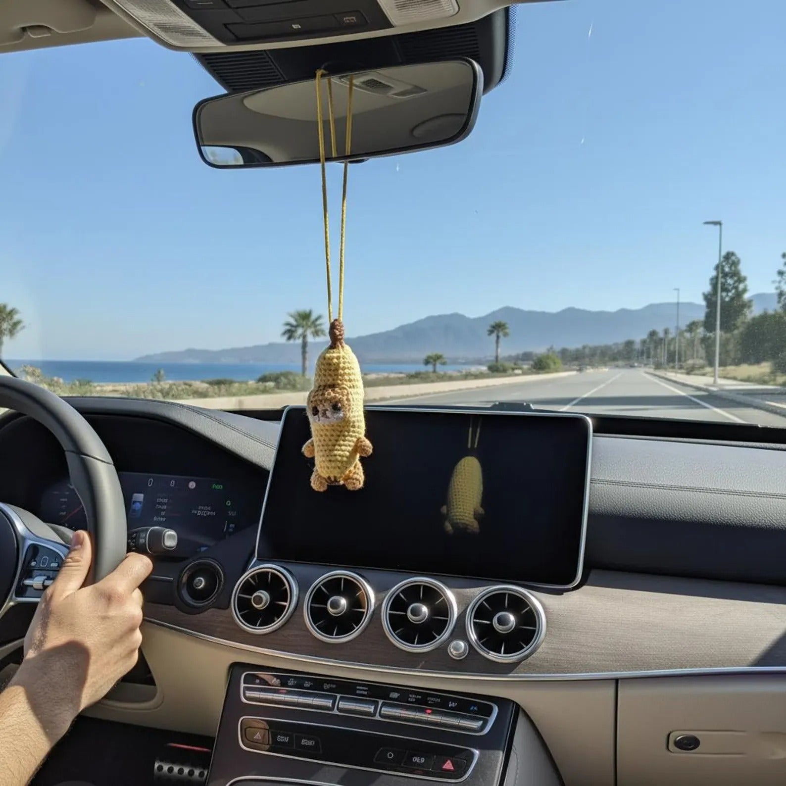 WoolyArtis™ - Handmade Crochet Crying Banana Cat Car Mirror Hanging Charm - WoolyArtis