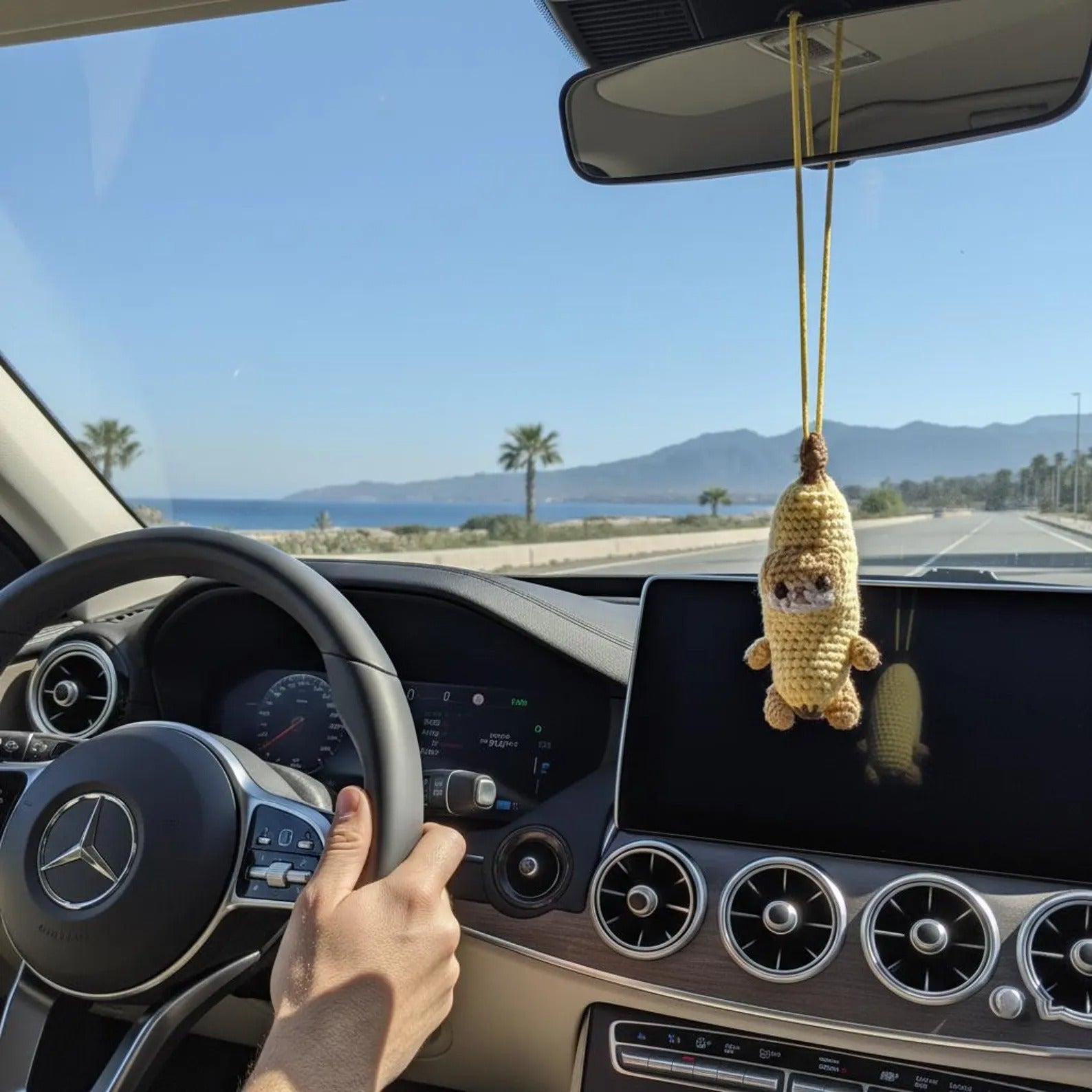 WoolyArtis™ - Handmade Crochet Crying Banana Cat Car Mirror Hanging Charm - WoolyArtis