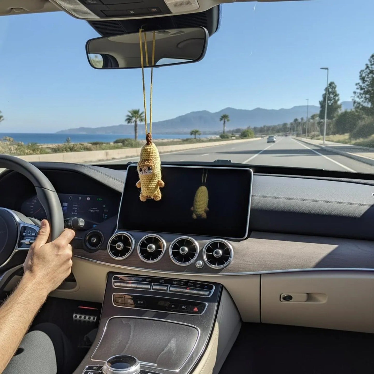 WoolyArtis™ - Handmade Crochet Crying Banana Cat Car Mirror Hanging Charm - WoolyArtis