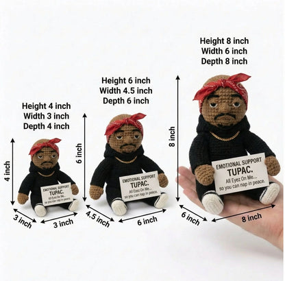 Dimensions and size comparison of plush toys with Tupac-themed elements.