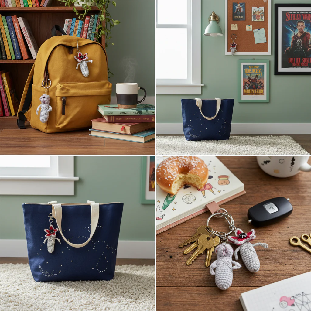 Collage of a yellow backpack, blue bag, and keychain with a donut on a table.