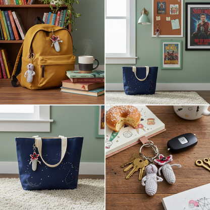 Collage of a yellow backpack, blue bag, and keychain with a donut on a table.
