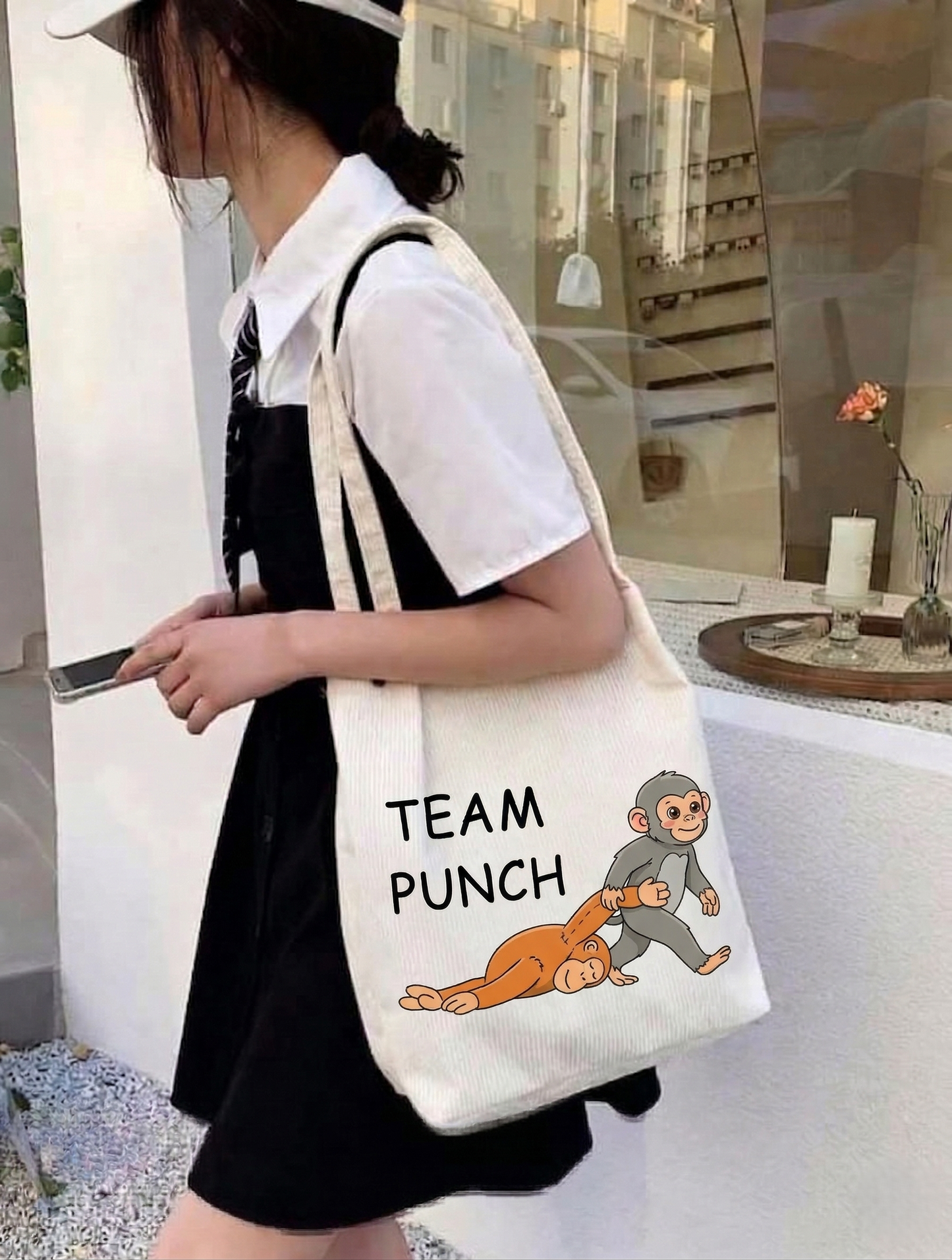 Hand Drawn Team Punch Tote Bag | Funny Baby Monkey Canvas Bag
