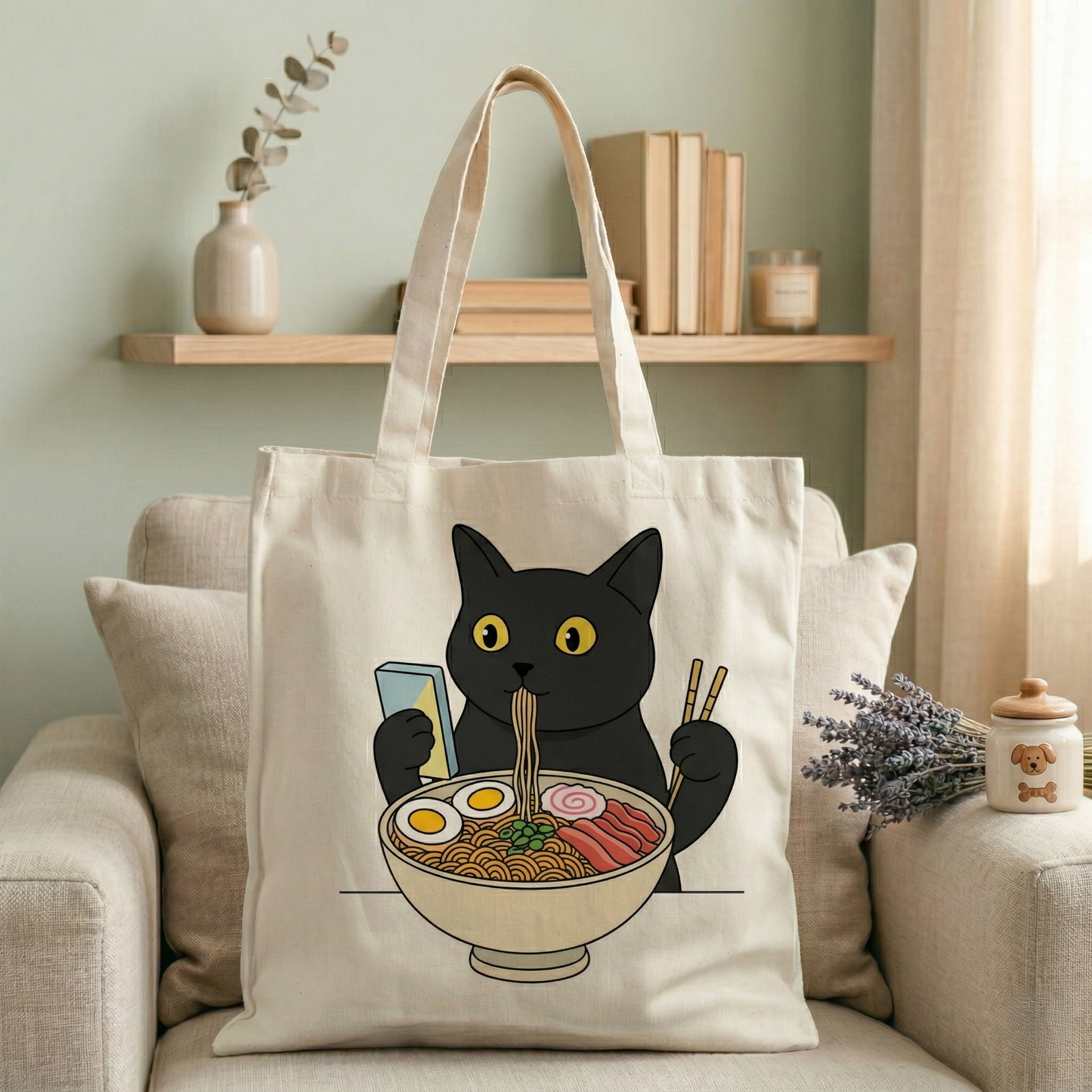 Hand Drawn Cat Eating Ramen Tote Bag | Custom Funny Black Cat Canvas Bag, Gift for Cat Lovers