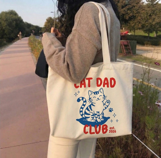 Hand Drawn Cat Dad Club Tote Bag | Personalized Funny Cat Lover Canvas Bag, 100% Hand Drawn Pet Dad Gift