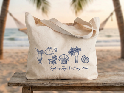 Hand Drawn Custom Tote Bag | Personalized Beach Trip Welcome Tote, Hand Painted Destination Wedding Gift