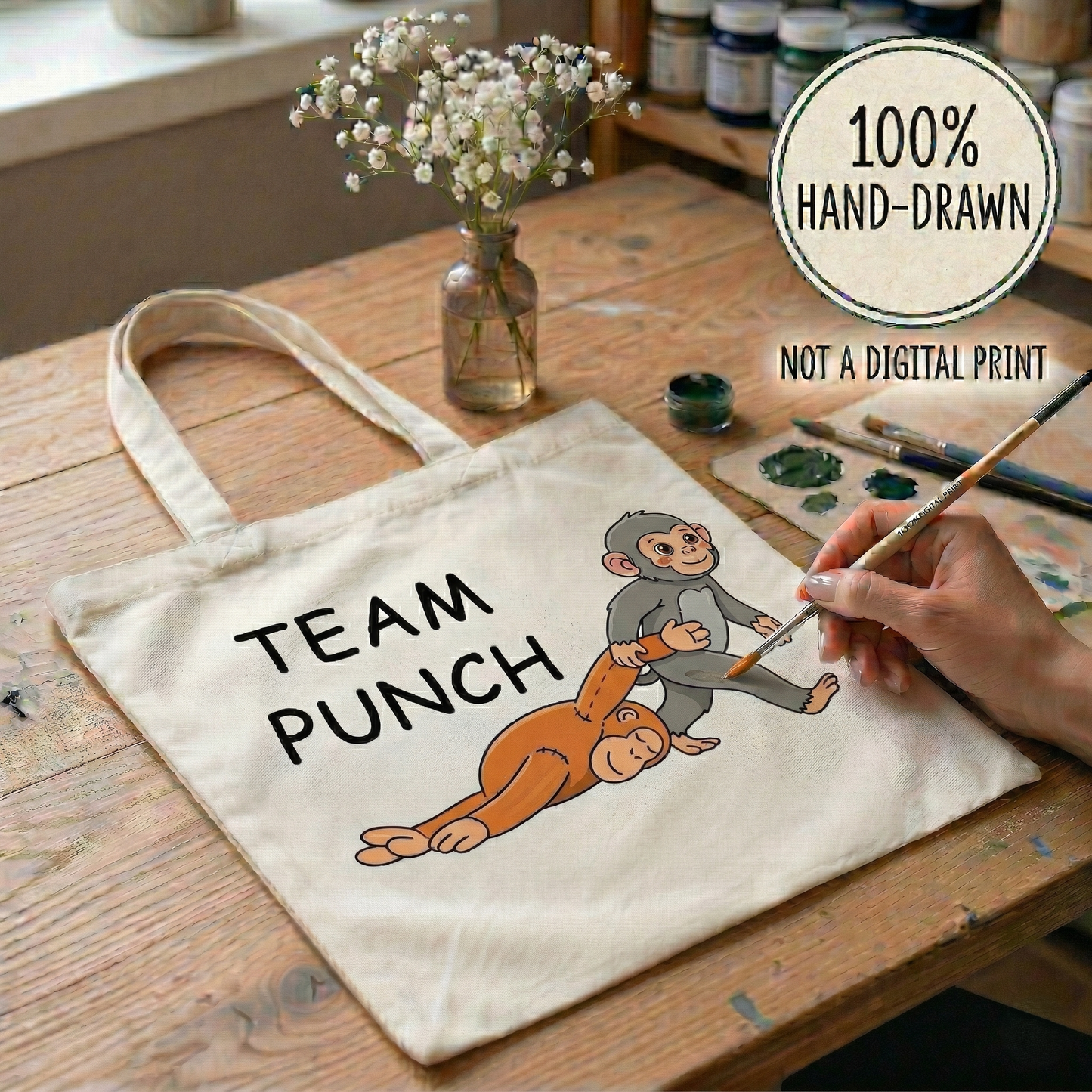Hand Drawn Team Punch Tote Bag | Funny Baby Monkey Canvas Bag