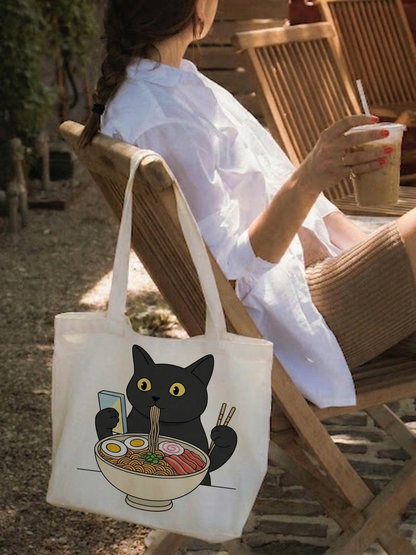 Hand Drawn Cat Eating Ramen Tote Bag | Custom Funny Black Cat Canvas Bag, Gift for Cat Lovers