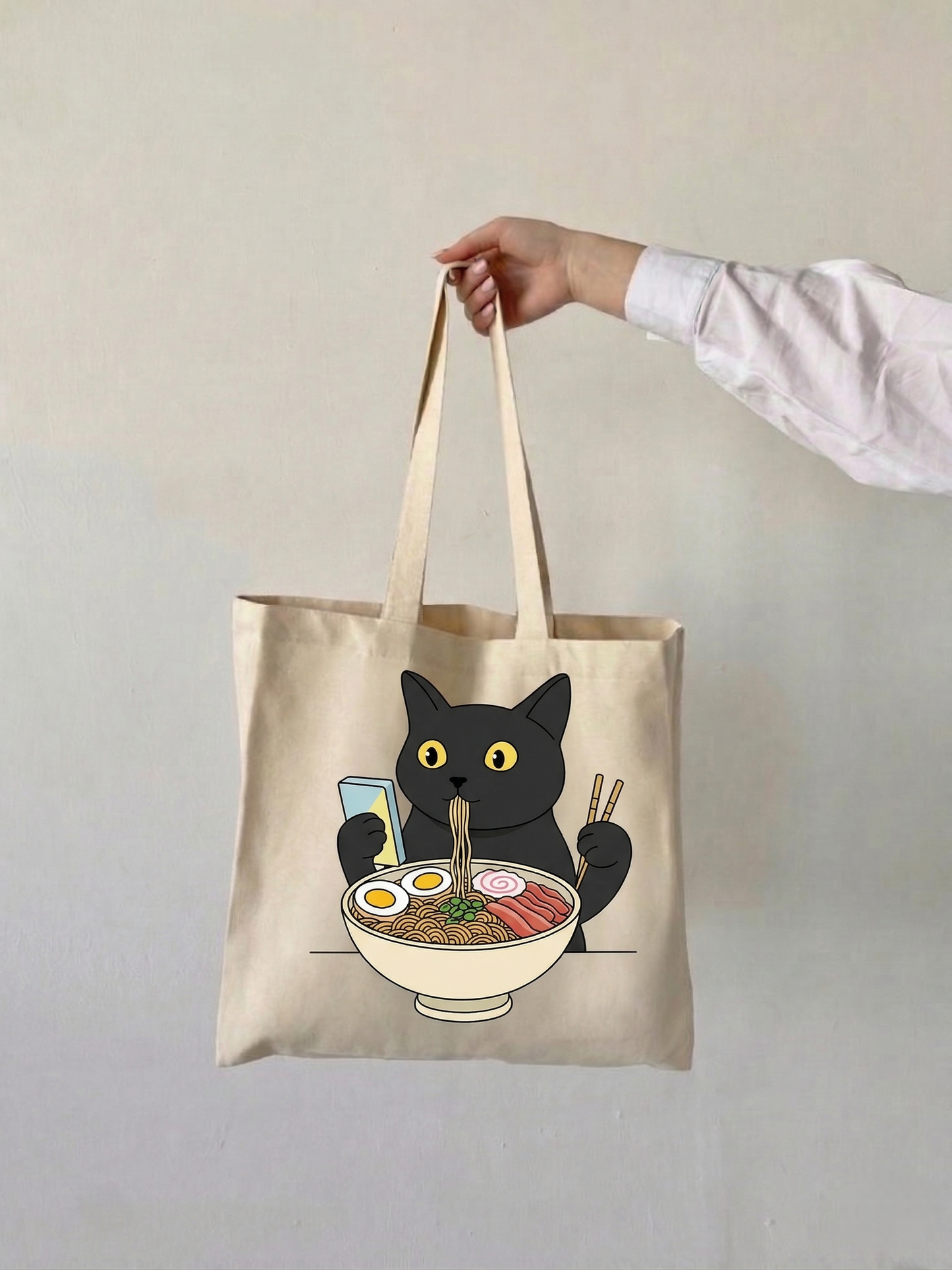 Hand Drawn Cat Eating Ramen Tote Bag | Custom Funny Black Cat Canvas Bag, Gift for Cat Lovers