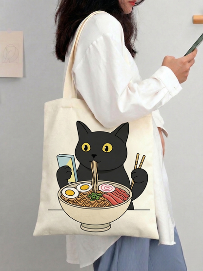 Hand Drawn Cat Eating Ramen Tote Bag | Custom Funny Black Cat Canvas Bag, Gift for Cat Lovers