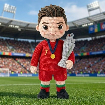 Crocheted football player figure with a trophy on a football field